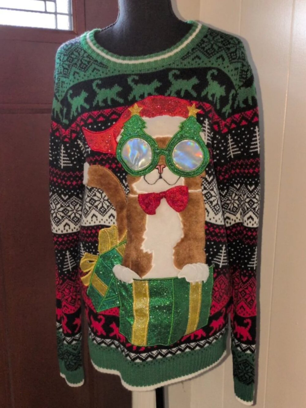 "Holiday Time" Cat Ugly Christmas Sweater w/ Holographic Glasses Size M
